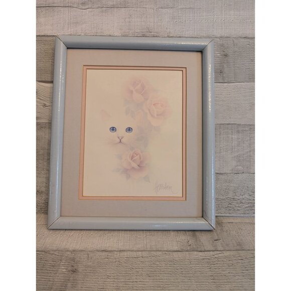 Framed Cat & Roses Print By Harrison With Light Blue Frame 11" X 9" Pastel Tones - Picture 1 of 6